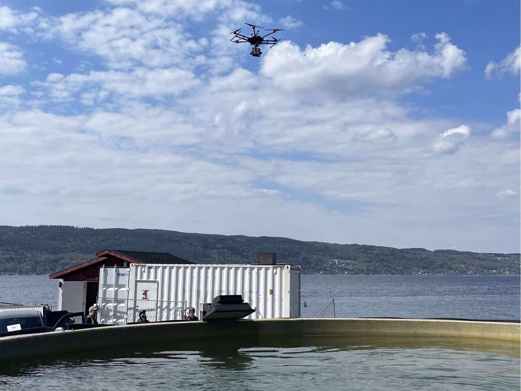 A DJI Matrice 600 Pro with Specim AFX10 multispectral camera flown over the tank at Solbergstrand. Photo: Sabine Marty, NIVA