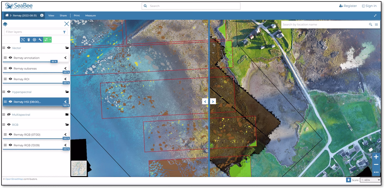 Screenshot of the GeoNode section of the SeaBee Data Platform (5th March 2023), showing the toggle swipe functionality on data from a recent SeaBee mission on the coast of Norway.